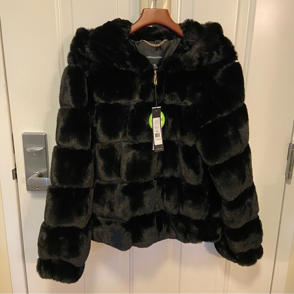 Black Faux Fur Jacket with Hood - Picture 1 of 13